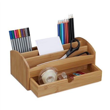 Relaxdays Distributeur de bureau 4 compartiments 1 tiroir porte-crayons bloc-notes organiseur fournitures HxlxP: 11 x 27