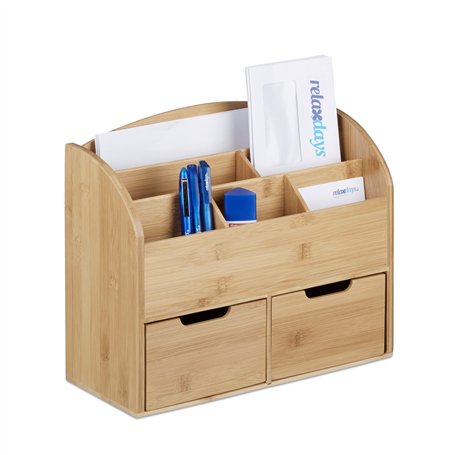 Relaxdays 10020336 Organiseur de bureau bambou distributeur de bureau 6 compartiments 2 tiroirs HxlxP: 25