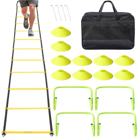 Navaris Kit Échelle d'Agilité Entraînement Sport - Set Complet 1x Échelle 4X Haie 10x Cône 4X Clou et 1x Sac Transport - Footbal