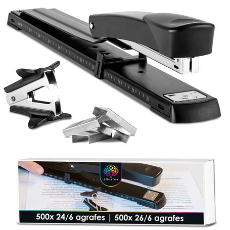 OfficeTree - Agrafeuse à long bras Agrafeuse avec 1 dégrafeuse et 1000 agrafes - Agrafeuse à long bras idéale pour les brochures