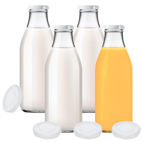 Viva Lot de 4 bouteilles en verre avec 8 couvercles Blanc 1000 ml Avec étiquettes