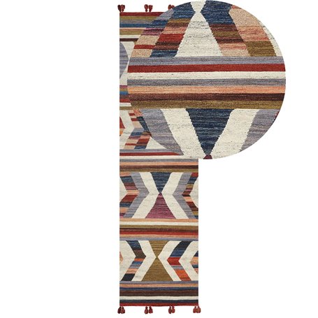Tapis Kilim Multicolore en Laine 80 x 300 cm avec Pompons Oriental Fait Main Mrgashat