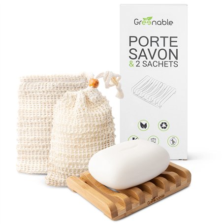 Greenable ® Porte-Savon & 2 Sachets de Savon - Égouttoir en bambou avec effet de séchage rapide - Sachet en sisal avec effet exf