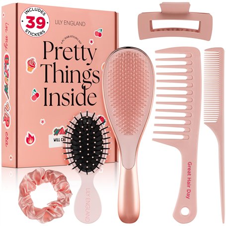 Lily England Coffret Soins Cheveux Premium - Set 6 Pièces avec Brosse Démêlante et Accessoires avec Stickers - Cadeau Parfait po