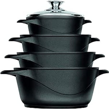 Smile MGK-12 Batterie de cuisine noire en aluminium moulé (4 casseroles avec 4 couvercles en verre trempé de sécurité et 2 maniq
