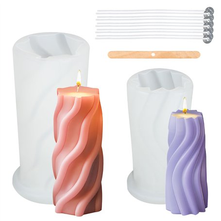 Lot de 2 moules à bougies en silicone 3D en spirale pour couler avec 10 mèches de bougie