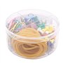 Lot de fournitures de bureau dans une boîte ronde 4 en 1 avec pinces colorés, élastiques en caoutchouc, trombones, punaises pour