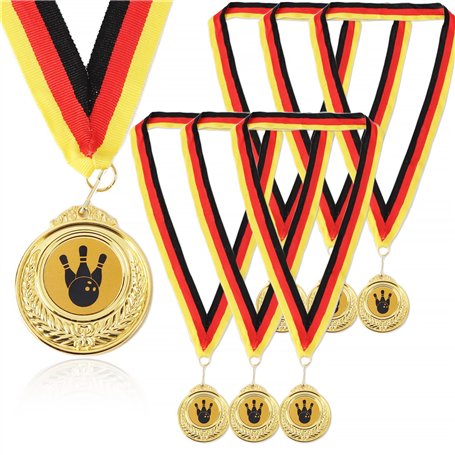 GEBETTER 6Pcs Médaille Allemand Médaille d’Or Bowling pour Gagnant Trophée Jouet Sport avec Ruban Noir Rouge Jaune