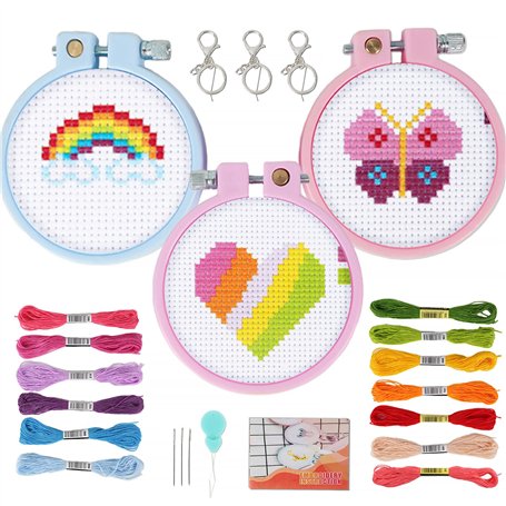 GEBETTER Kit Broderie Point de Croix Canevas 3 Motifs Coeur Arc-en-ciel Papillon Bricolage Artisanat pour Enfant Débutant avec F