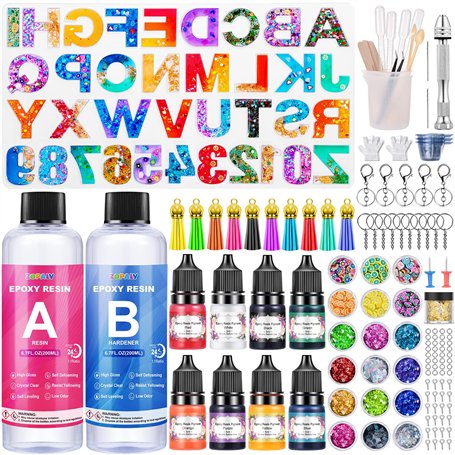 ZOPALY 192 Pcs Kit Résine Epoxy Complet avec Alphabet et Les Chiffres Moule pour Portes Clés