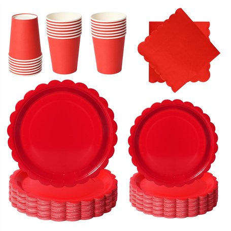 PYAILI Anniversaire Vaisselle de fete 96 Pièces Rouge Party Assiettes en Papier Set Assiettes de Fête Papier Tasses Serviettesr