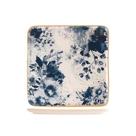 H&h piatto quadrato indigo in stoneware beige e blu cm26