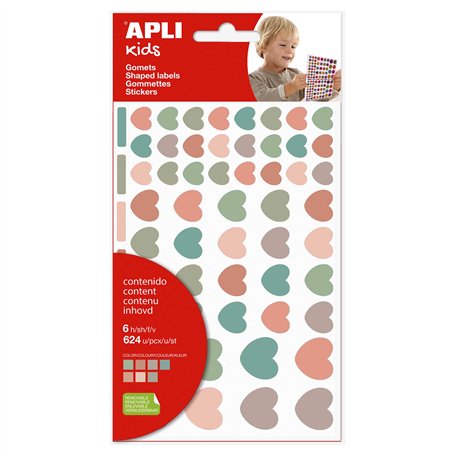 APLI Kids 19452 - Gommettes "cœur" de la collection Nordik - 6 feuilles de gommettes en forme de cœur aux couleurs nordiques - T