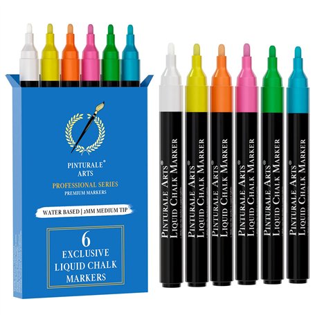 Pinturale Arts Set 6 Feutre Craie Effacable Tableau Noir | Pointe 2mm | Stylo Craie Pour Tableau Noir Effacable | Crayon Craie P