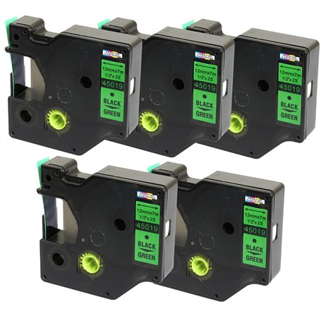 5 Compatibles Rubans d'étiquettes D1 45019 S0720590 noir sur vert 12mm x 7m pour DYMO LabelManager LM 160 210D 220P 260P 280 360