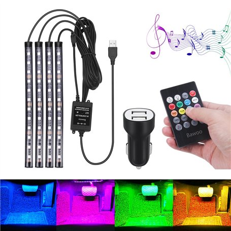 Bawoo Éclairage intérieur de voiture LED d'ambiance 48 bandes Éclairage intérieur Port USB Barre lumineuse avec télécommande