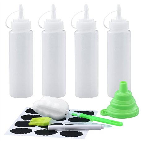 Lot de 4 Bouteilles Squeeze en Plastique Transparent – 250 ml avec Graduation et Bouchons – Antifuite Bouteille Sauce– Idéales p