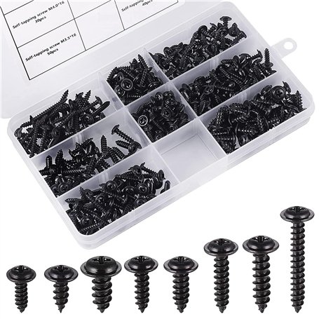340 Pcs Vis Autoforeuse Noir Traverse 8 Tailles Différentes avec Boîte D'Assortiment Vis Autoforeuse Métal Noir pour Meubles Voi