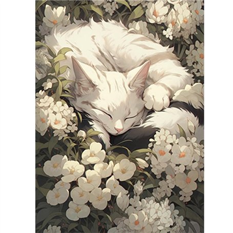 DCIDBEI 40x50CM DIY Rond Diamond Painting Chat Blanc en Fleurs