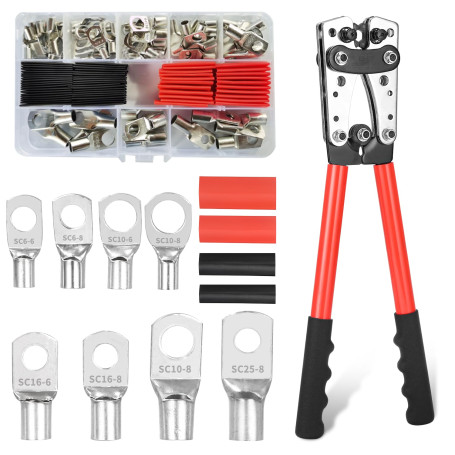 Pince à sertir 6/10/16/25/35/50 mm² - Grande pince à sertir 10-1/0 AWG - 8 tailles - 60 bornes à anneaux en cuivre + 60 gaines t