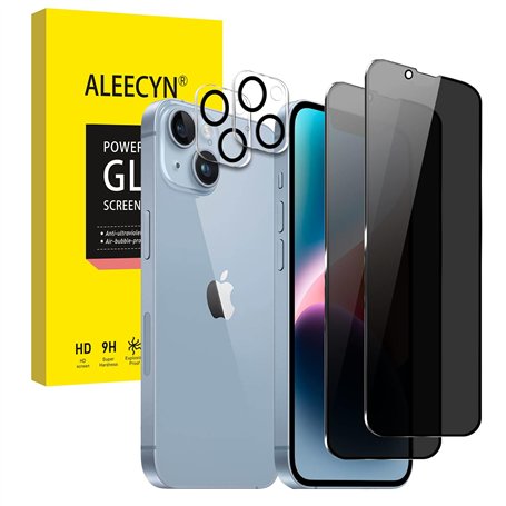 ALEECYN [2+2 Pièces] 2Pcs Verre Trempé Anti-espion pour iPhone 14 Plus et 2Pcs Caméra Arrière Protecteur