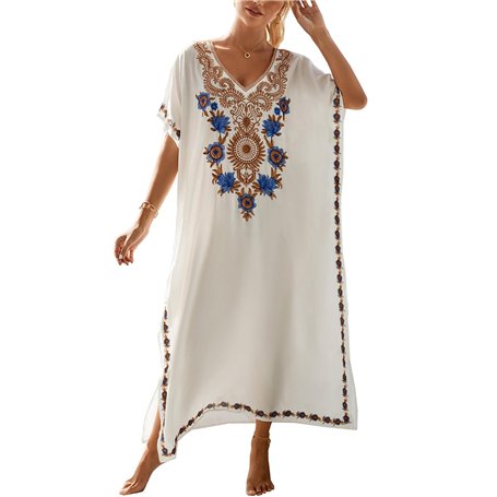 L-Peach Femme Été Coton Broderie Florale Longue Kaftan Maxi Robe Paréo de Plage pour Maillot de Bain