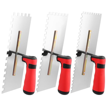 QWORK Truelle dentee 3 pices - Dents 6/8/10 mm - Truelles de lissage INOX 280x107 mm - Soft Grip Rouge