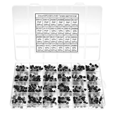 QWORK® 600 pièces (24 valeurs) assortiment de transistors PNP NPN - A1015 A733 C1815 C945 BC327 BC337 BC557 2N2222 2N2907 2N3904