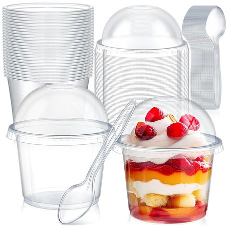 AUTOWNLUX Lot de 50 verres à dessert en plastique avec couvercles et cuillères