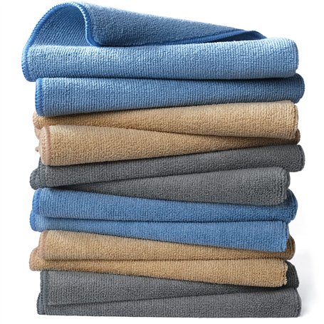 Polyte - 12 Chiffons de Nettoyage en Microfibres - qualité Professionnelle - Bleu/Camel/Gris - 41 x 41 cm