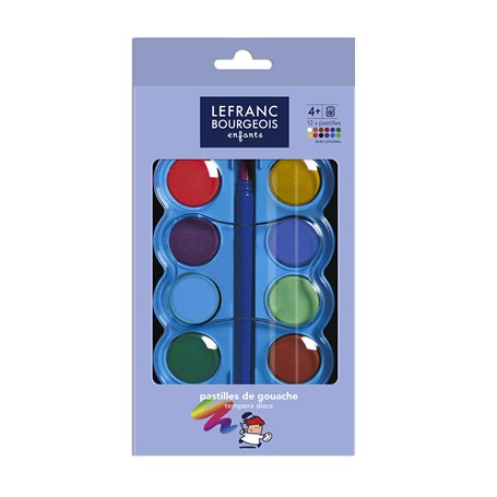 Lefranc Bourgeois - Pastilles de gouache pour enfants - Boîte de 12 pastilles 30mm + 1 pinceau