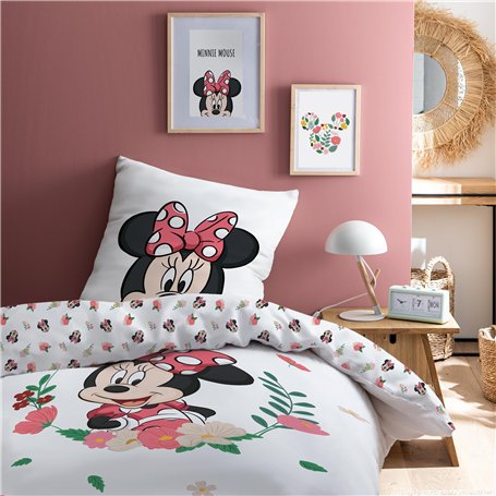 Disney Minnie Flower Parure de Lit Enfant 1 Personne | 100% Coton | Oeko-TEX | Housse de Couette 140x200 cm + 1 Taie d'oreiller