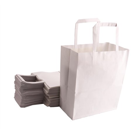 Miamex 50 Sacs Blancs en Papier Cabas avec Poignées Plates – 21 x 11 x 25 cm – Solide pour les Courses Emballage cadeau pour ann