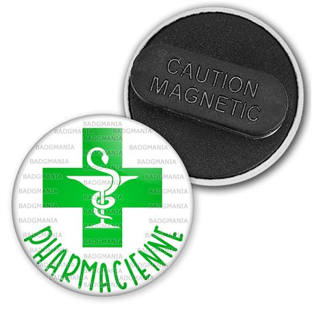Badgmania Badge Magnétique 3.8cm Pharmacienne Caducée Esculape Croix Verte Fond Blanc Identifiant Pharmacie