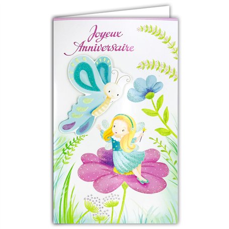 17-6051 Carte Porte-Billet avec Enveloppe Joyeux Anniversaire pour Enfant Petite Fille Fée Blonde Baguette Magique Ailes Fleurs