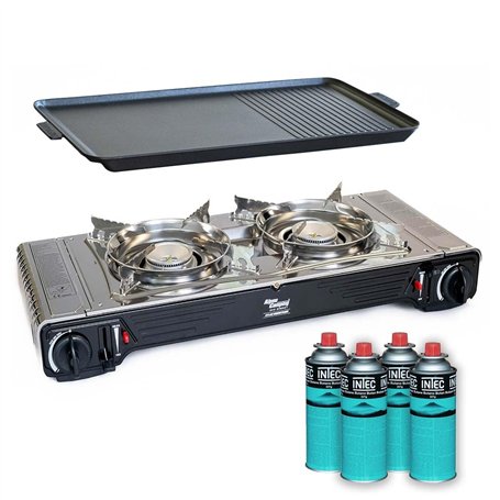 INTEC - Kit Plancha Gaz 2en1 Complet - Réchaud 2 feux Inox 4400W + Plaque Grill + 4 Cartouches Gaz Butane Intérieur/Extérieur
