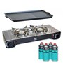 INTEC - Kit Plancha Gaz 2en1 Complet - Réchaud 2 feux Inox 4400W + Plaque Grill + 4 Cartouches Gaz Butane Intérieur/Extérieur