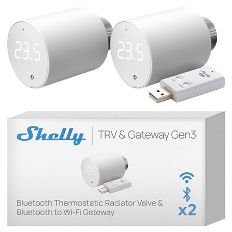 Shelly Blu TRV & Shelly Blu Gateway Gen3 - Tête thermostatique connectée Bluetooth avec Passerelle Wi-FI (USB-A)