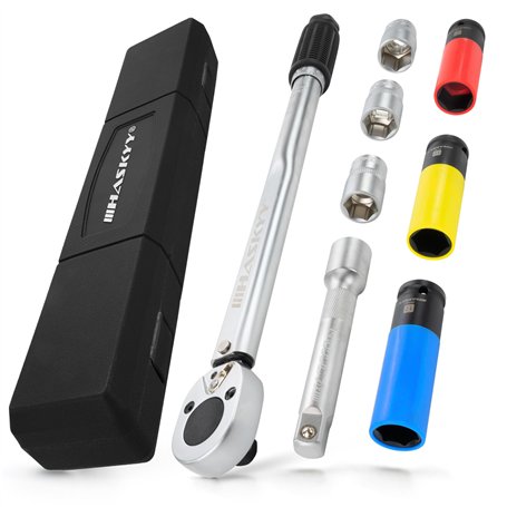 HASKYY Clé Dynamométrique set 1/2" I 28-210NM I 3 CR-MO douilles à choc 17 19 21mm I 3 CR-V Jeu de Douilles 17 19 21mm I Extensi