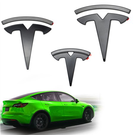 Shop4EV Lot de 3 emblèmes pour Tesla Model Y - Noir mat - Accessoires avant/arrière/volant (Tesla Model Y)