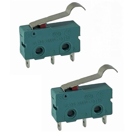 Lot de 2 micro-boutons 3 broches 250 V 5 A 2 positions ON/ON Interrupteur de fin de course avec bras de levier semi-circulaire I