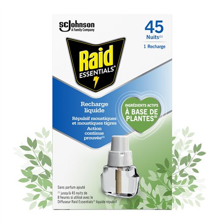 Raid Essentials Recharge Prise Anti-Moustiques Électrique Liquide - Répulsif Moustiques et Moustiques Tigres 45 Nuits - Senteur
