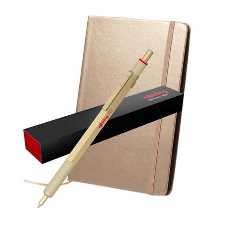rOtring Stylo à bille métallique 600 + carnet | Pointe moyenne | Corps doré avec poignée moletée antidérapante | Rechargeable