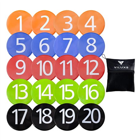 VILUXE Speed & Agility Training Lot de 20 grands marqueurs plats numérotés Multicolore avec poignée antidérapante en PVC Diamètr