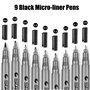 GXR Stylos Noir à Pointe Fine, Lot de 9 Stylos Feutre Noir à Pointe Fine Feutre Fine avec Pinceau, Multiples Tailles pour Croqui