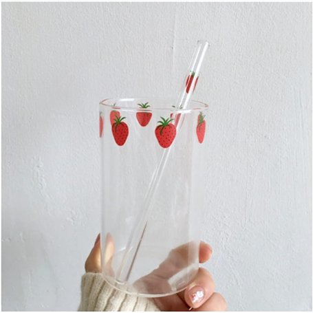 Karriter Tasse à Eau Borosilicate Mignon Fraise Lait de Verres Boire Verres Coupe avec Paille (Color : A)