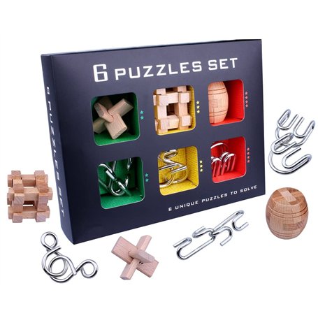 Chonor 6 Pièces 3D Puzzle en Métal Casse-tête en Bois - Classique Brain Teaser IQ Puzzle Éducatif Jouet Jeu Jigsaw pour Enfants