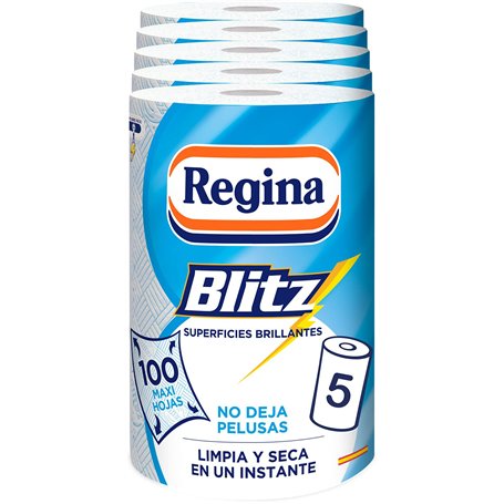 Regina Blitz Papier de Cuisine | 5 Rouleaux | 100 Feuilles Maxi-3 Couches | Idéal pour Nettoyer Les Surfaces domestiques | sans