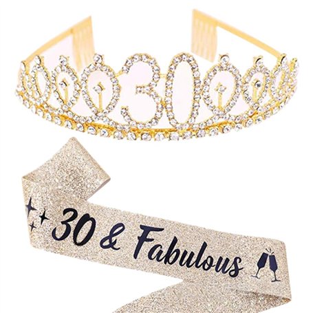 30e Anniversaire Tiara et Sash Strass Couronne pour 30 & Fabulous Sash et diadème 30 ans Tiara pour la Fête du Bon Anniversaire