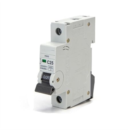 Disjoncteur automatique miniature 1P 25A courbe C gris protège les circuits électriques et évite les surcharges.